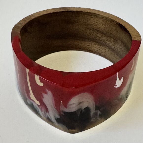 Vintage Resin Wood Chunky Statement Boho Bangle Bracelet Angular Inlay - Picture 9 of 12